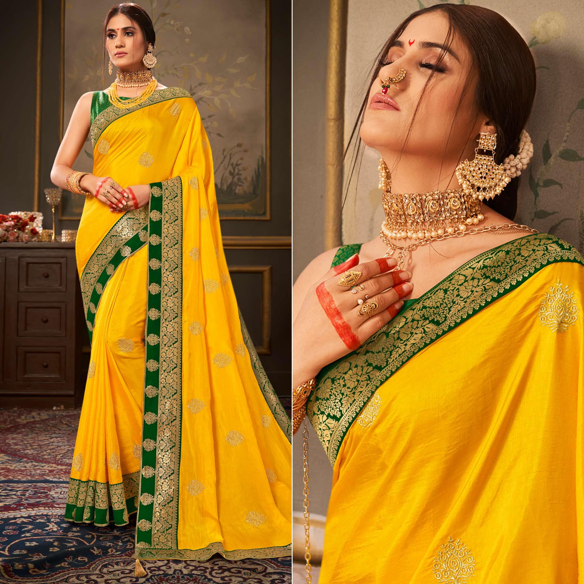 Yellow Woven-Embroidered Art Silk Saree - Peachmode