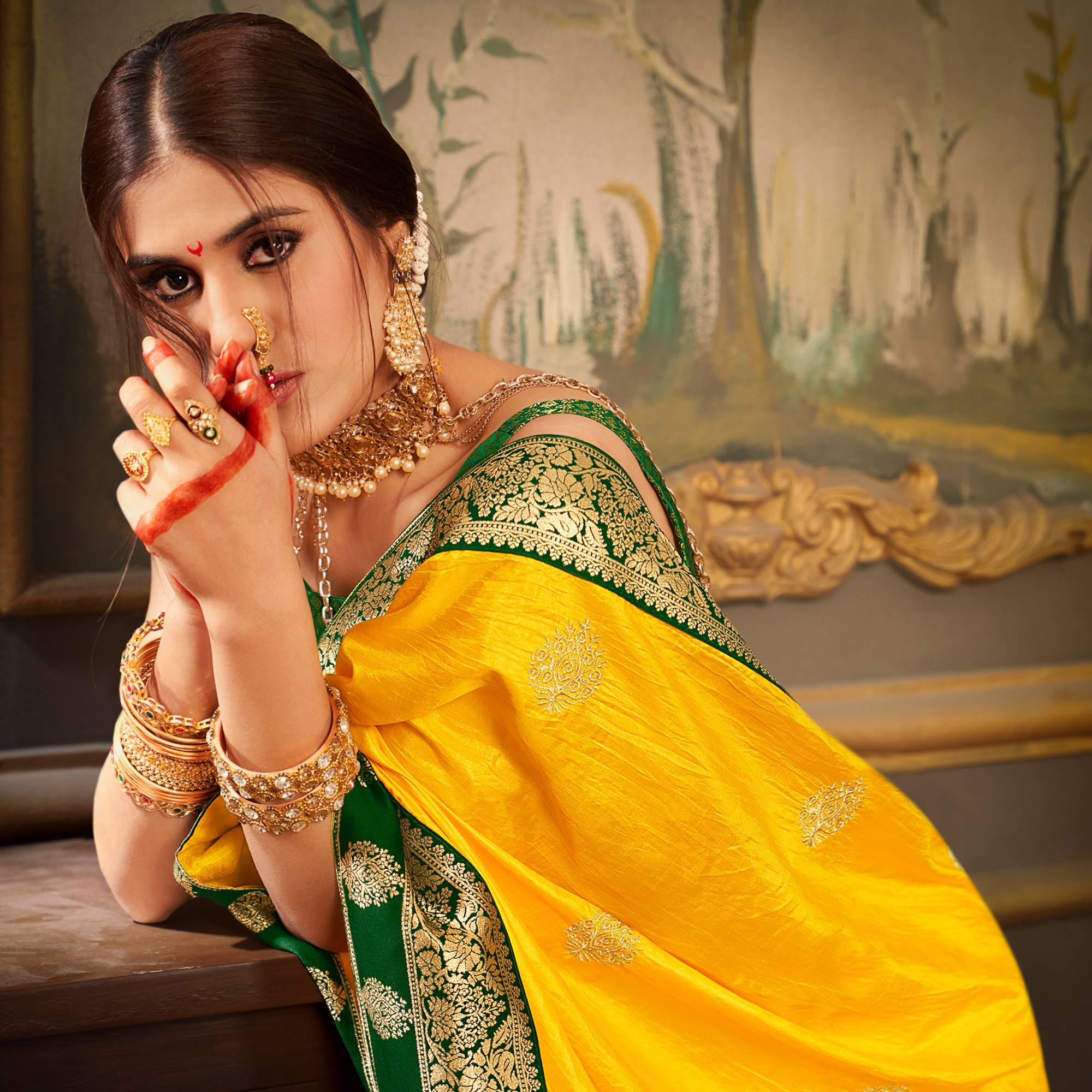 Yellow Woven-Embroidered Art Silk Saree - Peachmode