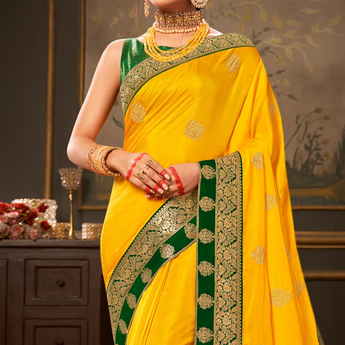 Yellow Woven-Embroidered Art Silk Saree - Peachmode