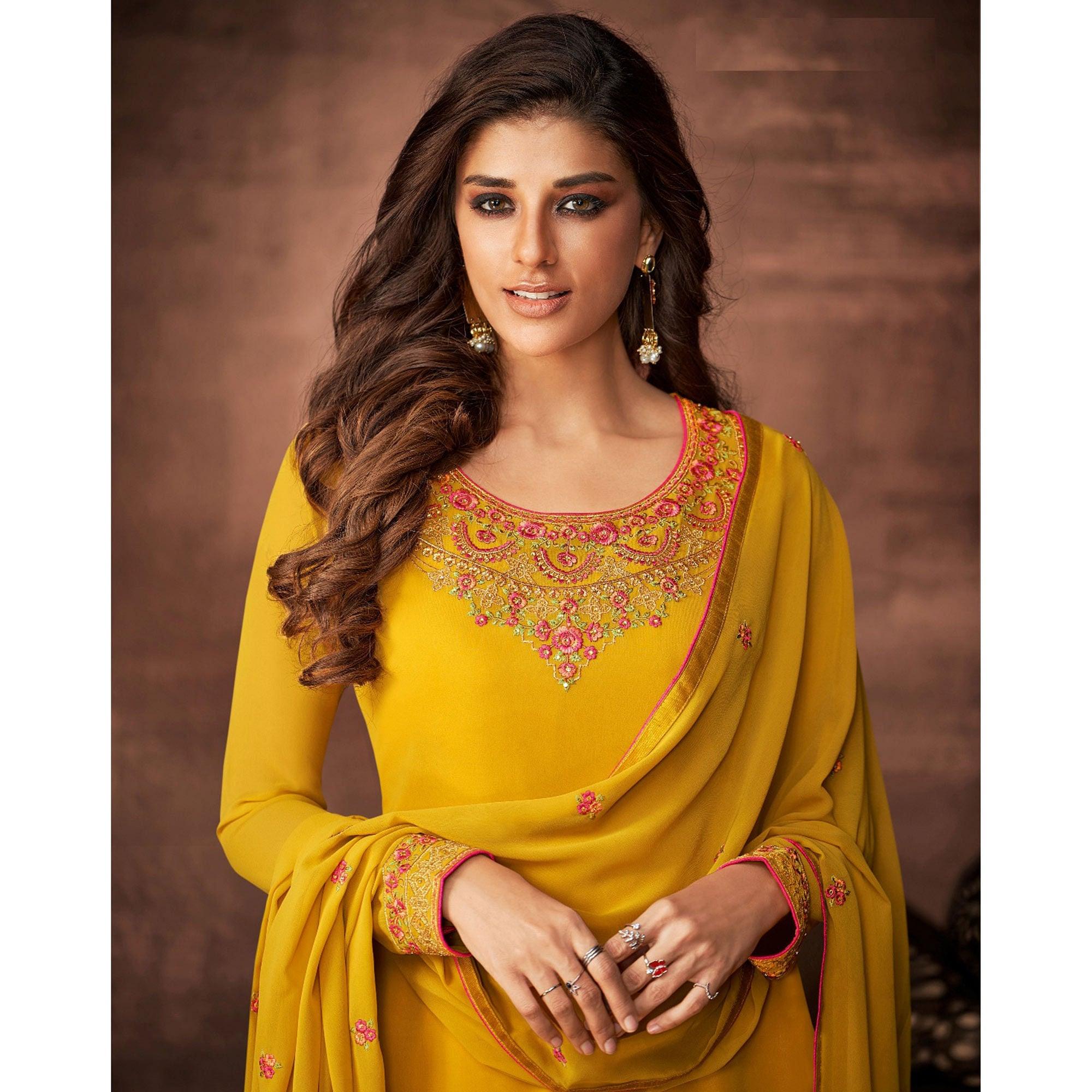 Yellow Woven Georgette Straight Partywear Suit - Peachmode