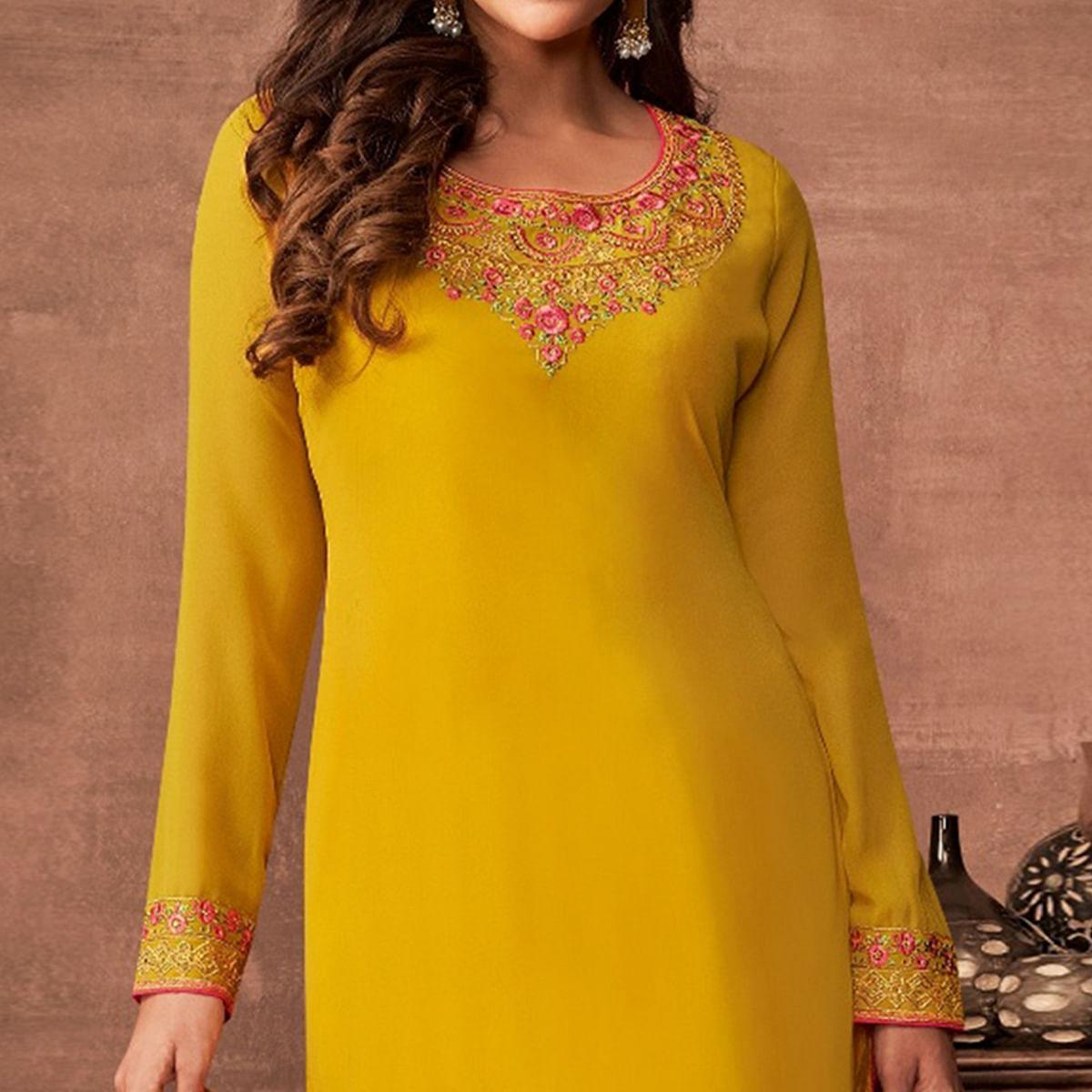 Yellow Woven Georgette Straight Partywear Suit - Peachmode
