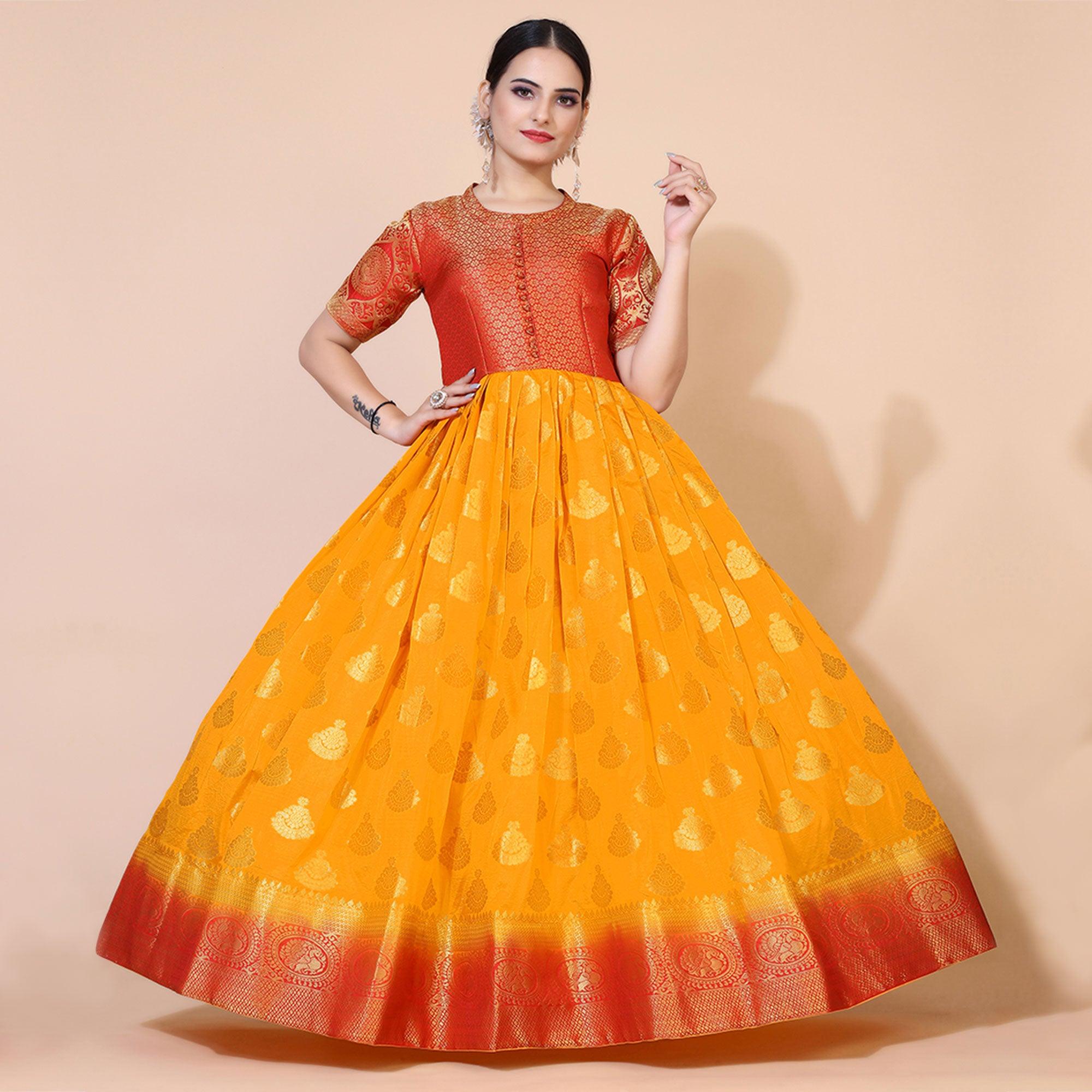 Yellow Woven Jacquard Anarkali Style Gown - Peachmode