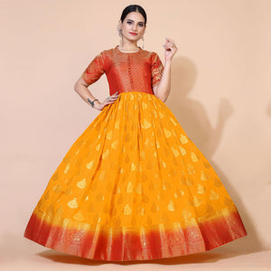 Yellow Woven Jacquard Anarkali Style Gown - Peachmode