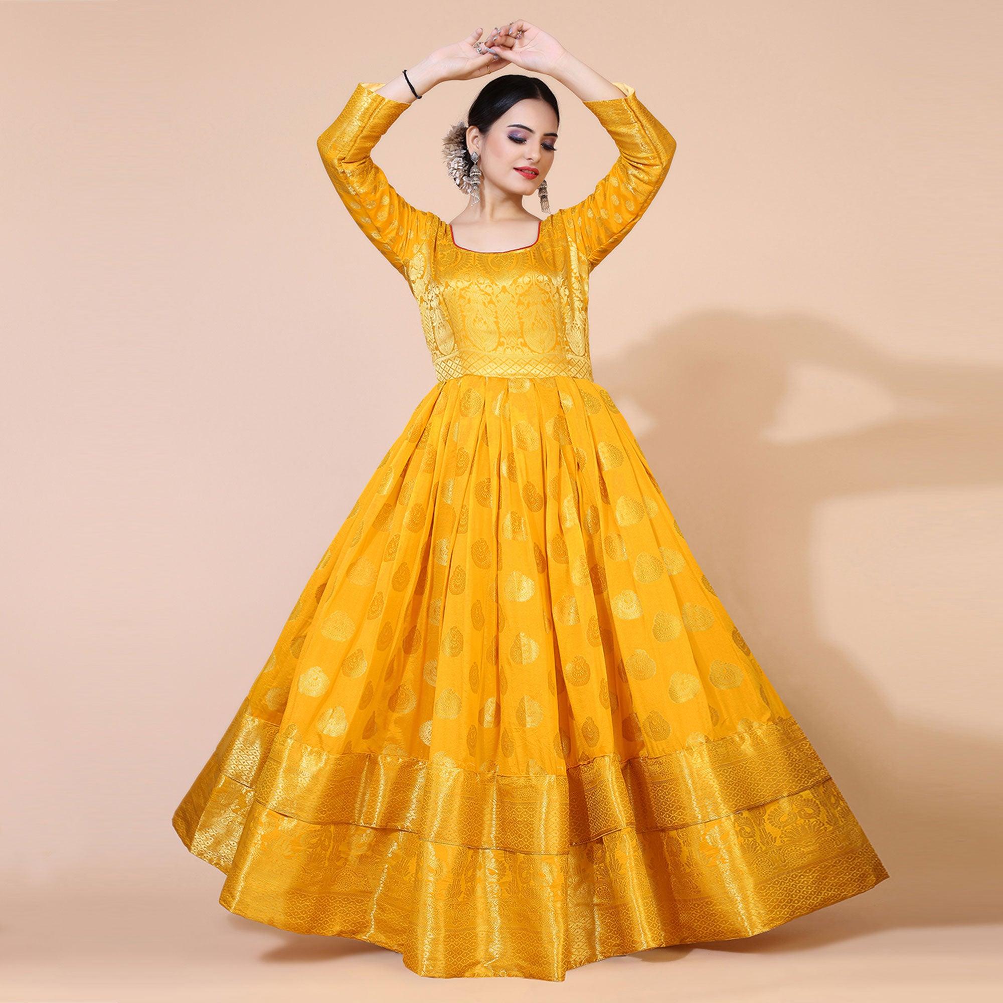 Yellow Woven Jacquard Anarkali Style Gown - Peachmode