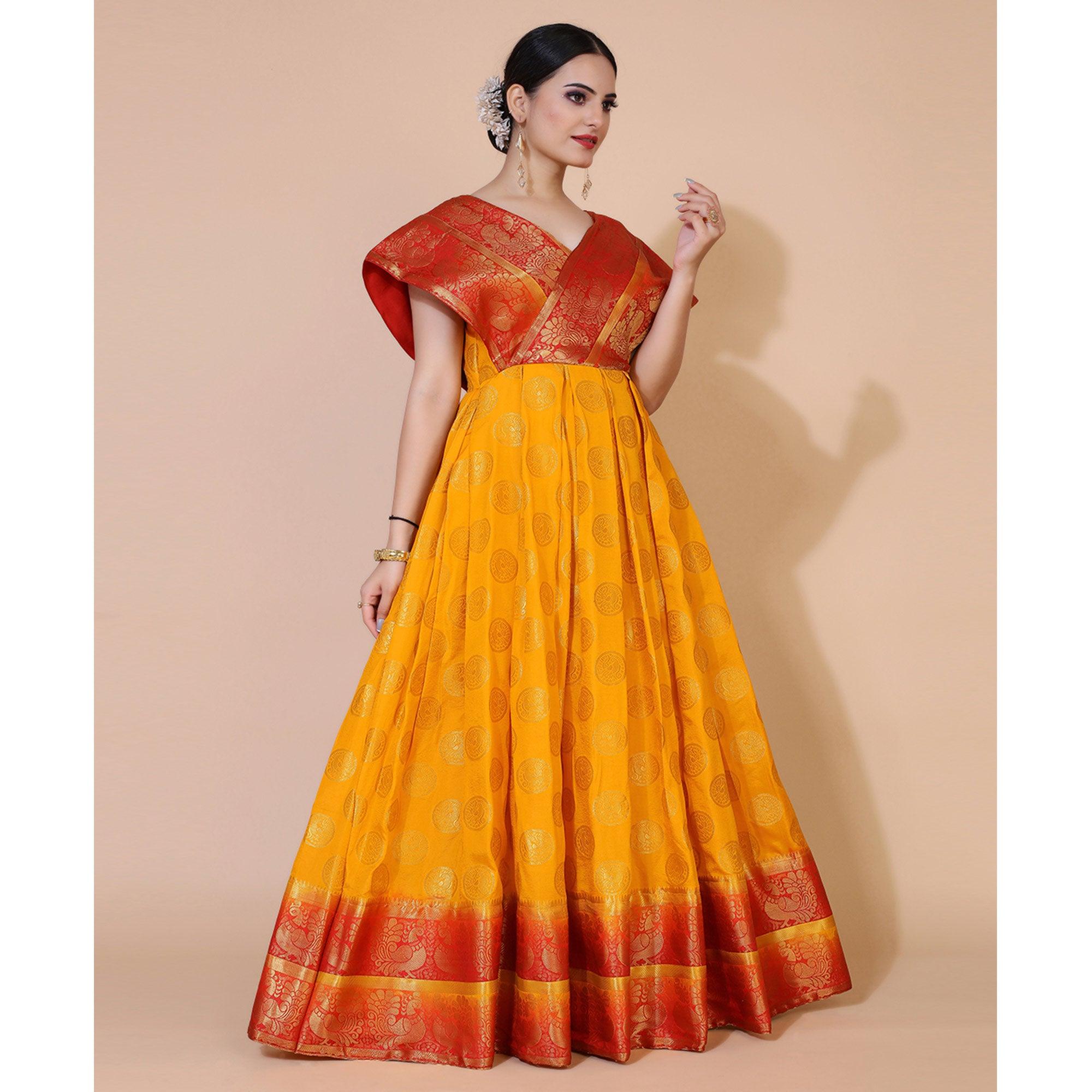 Yellow Woven Jacquard Anarkali Style Gown - Peachmode