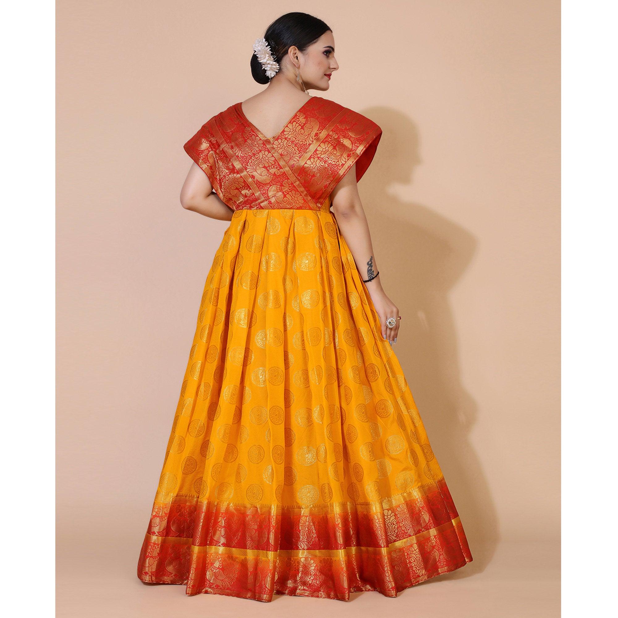 Yellow Woven Jacquard Anarkali Style Gown - Peachmode