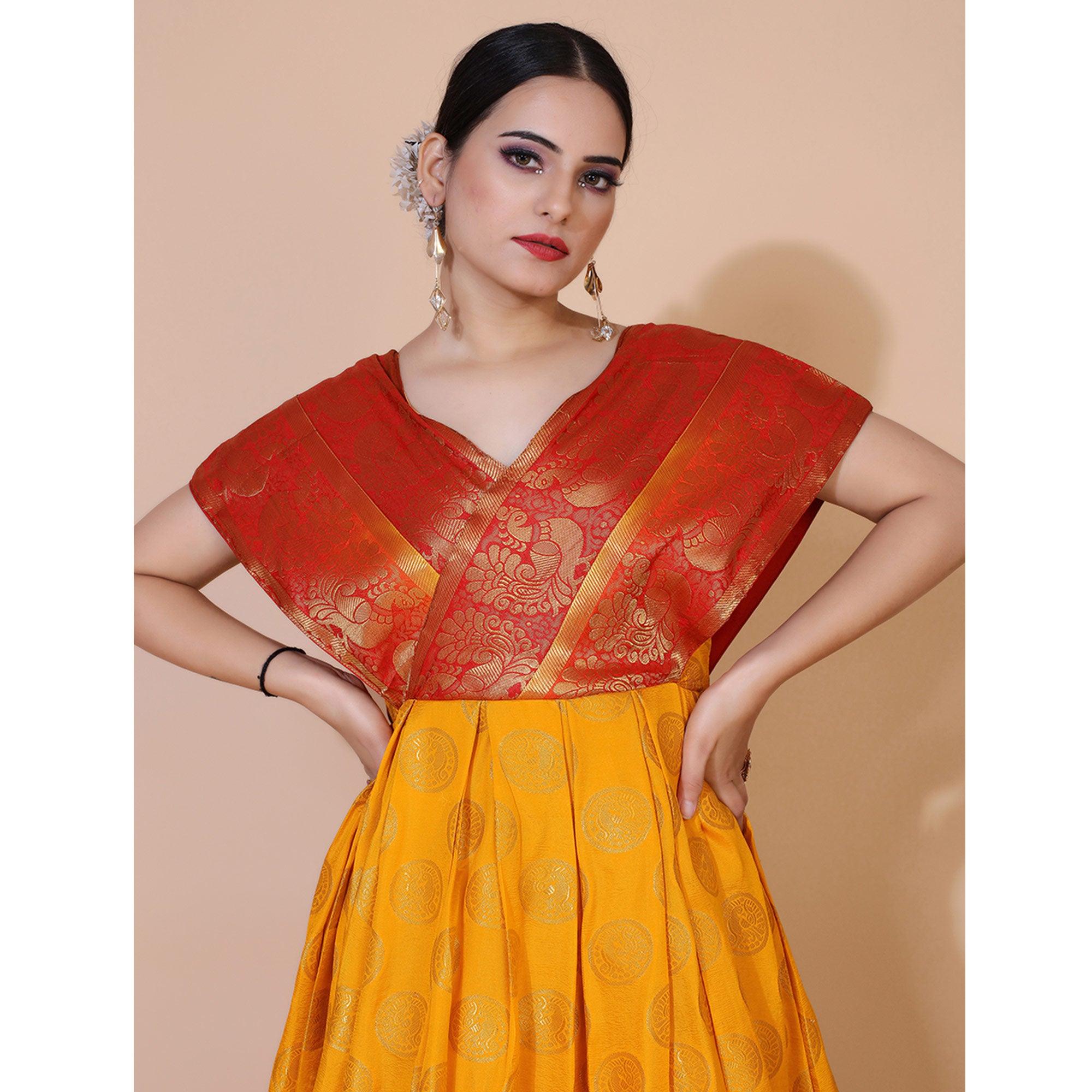Yellow Woven Jacquard Anarkali Style Gown - Peachmode