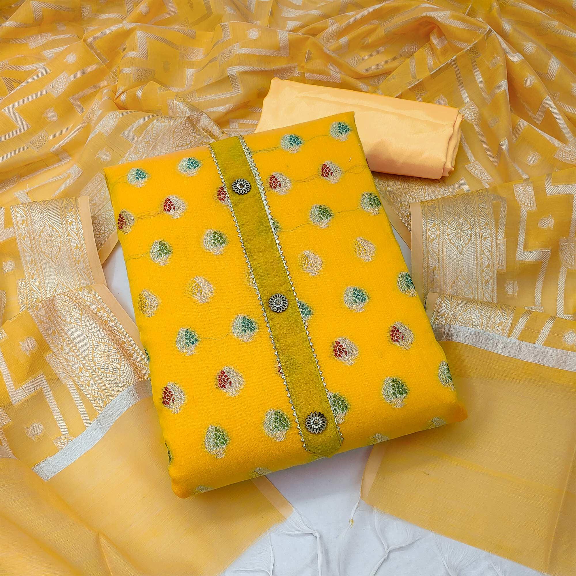 Yellow Woven Jacquard Dress Material - Peachmode