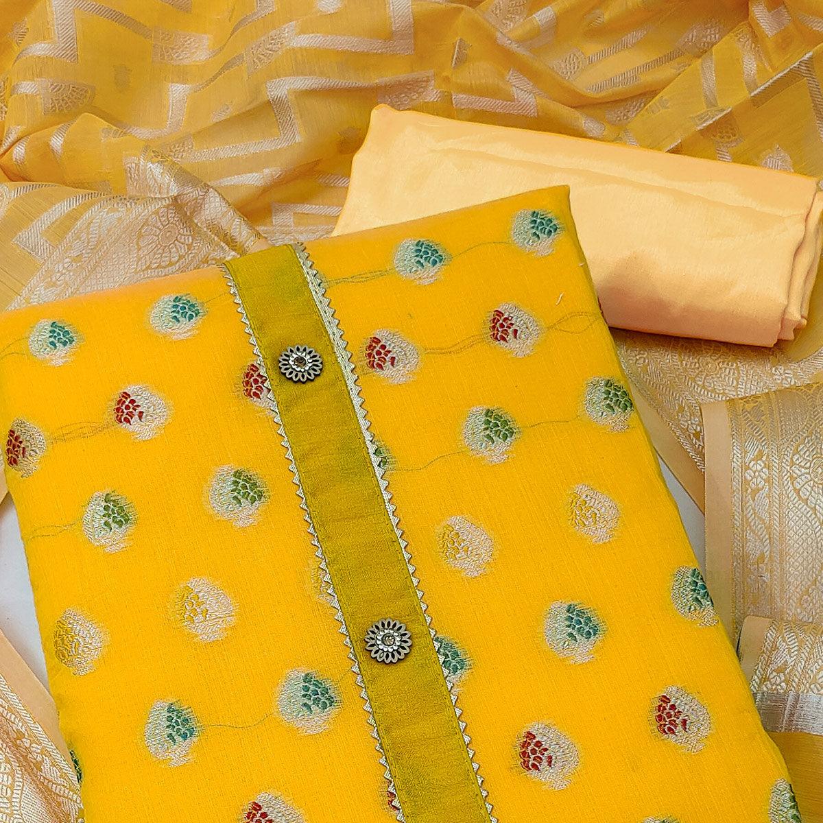Yellow Woven Jacquard Dress Material - Peachmode