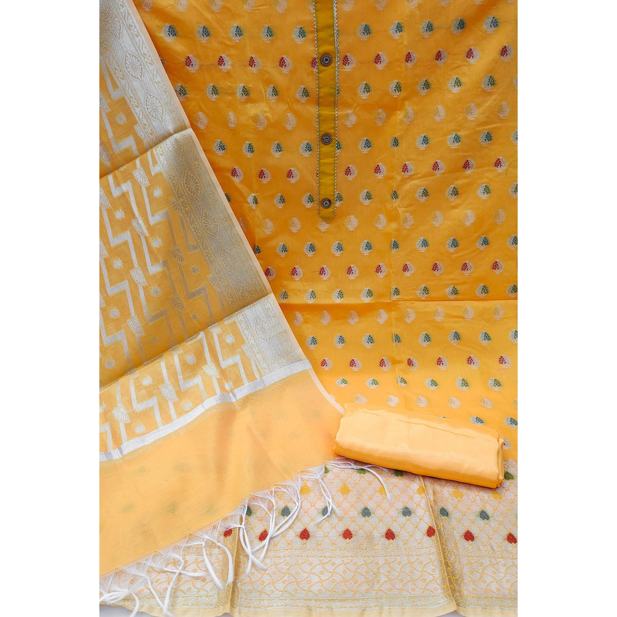 Yellow Woven Jacquard Dress Material - Peachmode