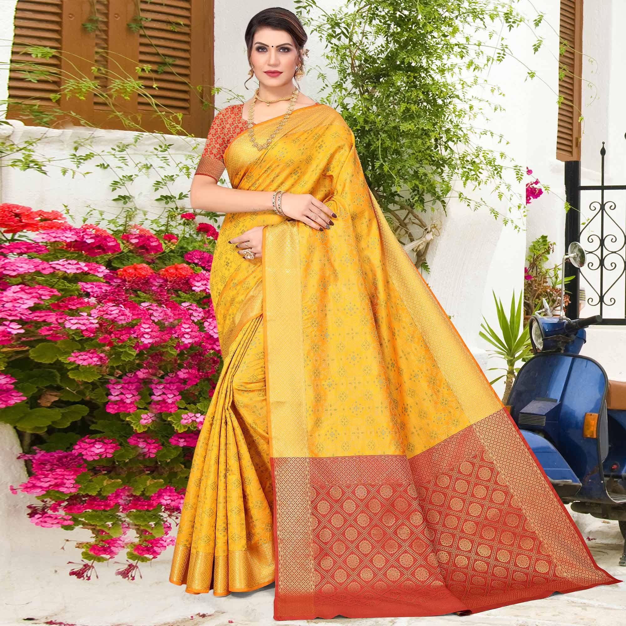 Yellow Woven Jacquard Saree - Peachmode