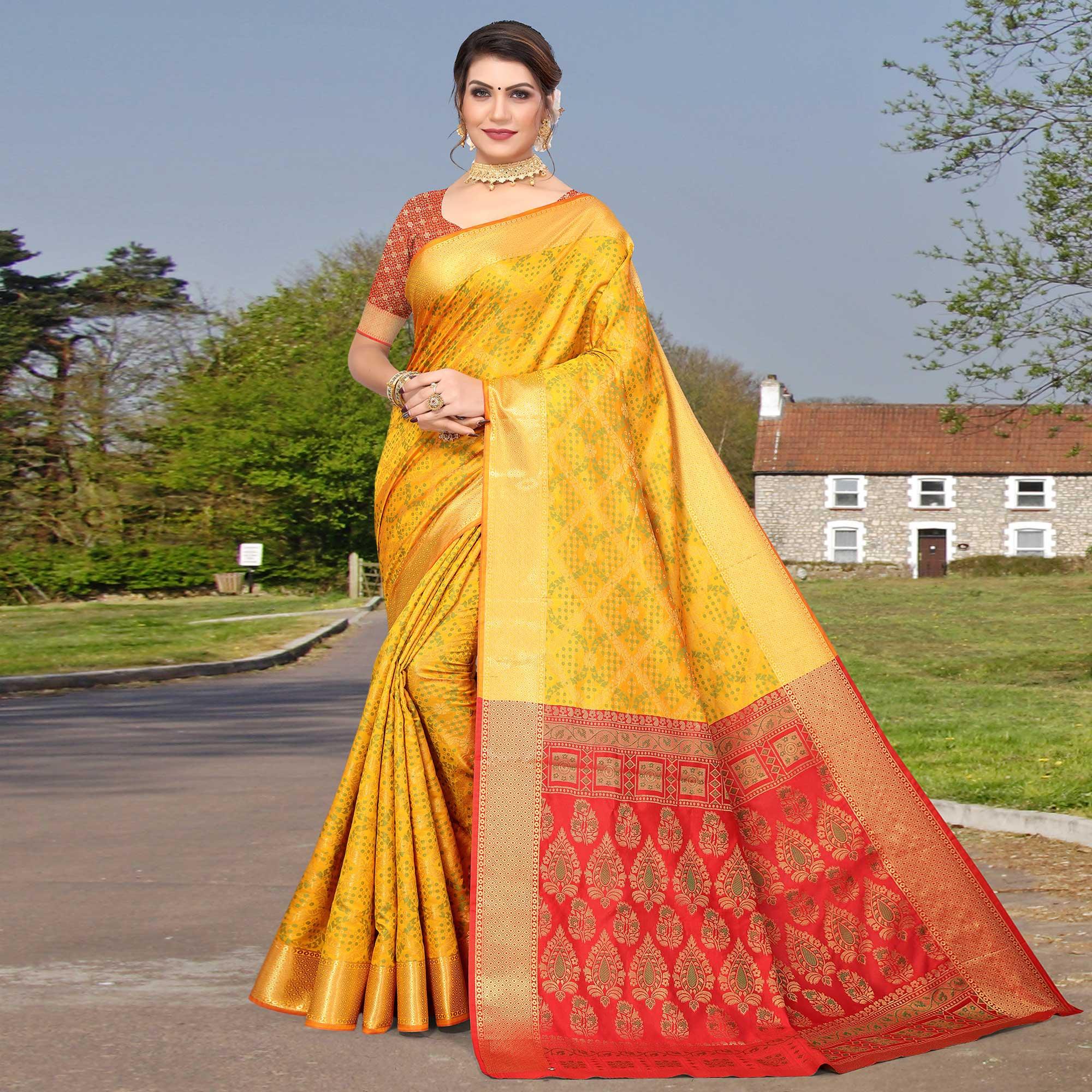 Yellow Woven Jacquard Saree - Peachmode