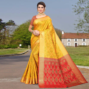 Yellow Woven Jacquard Saree - Peachmode
