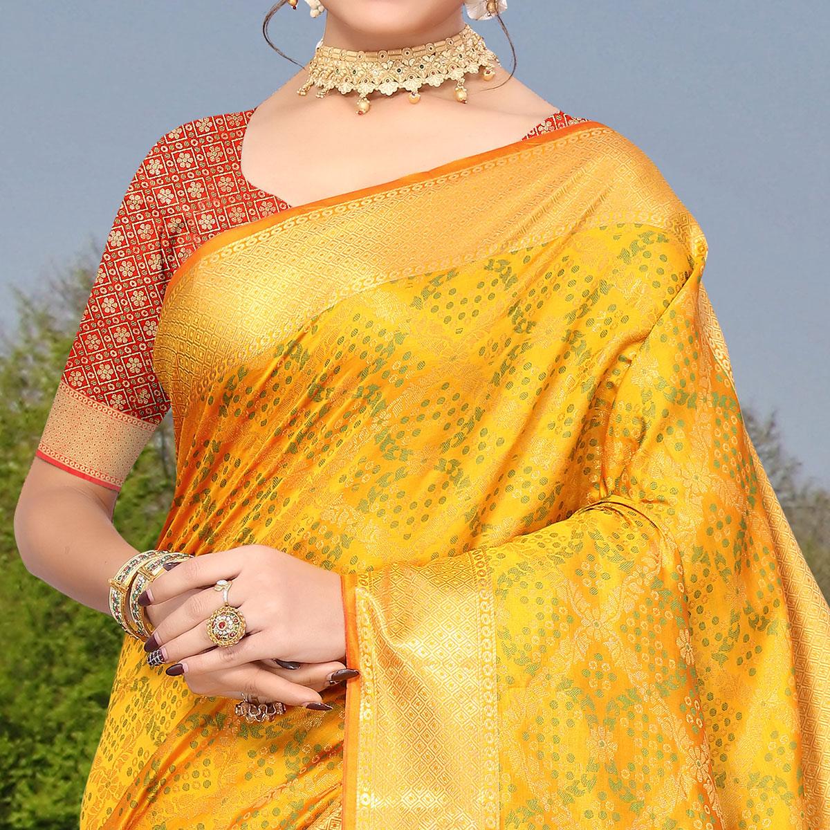 Yellow Woven Jacquard Saree - Peachmode
