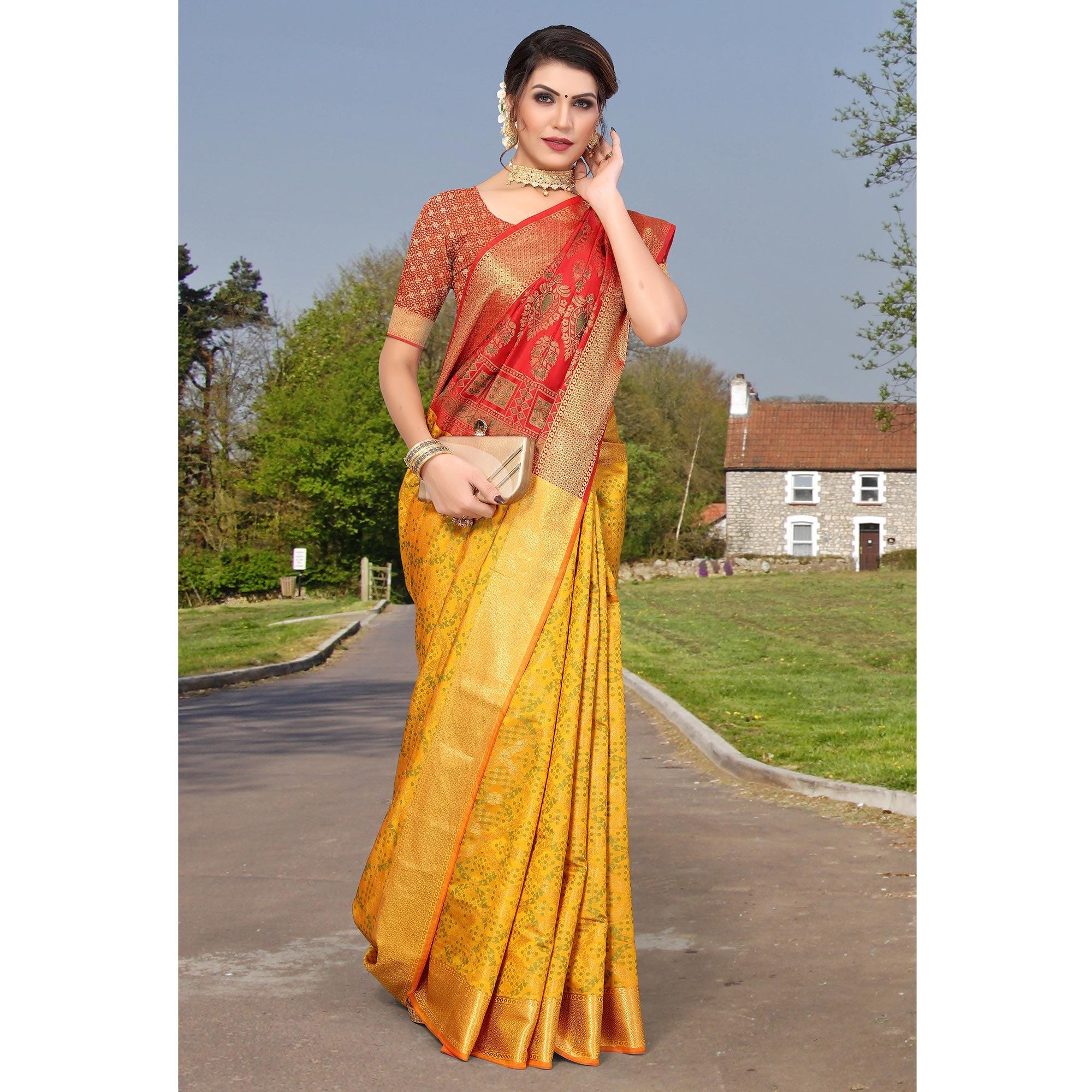 Yellow Woven Jacquard Saree - Peachmode