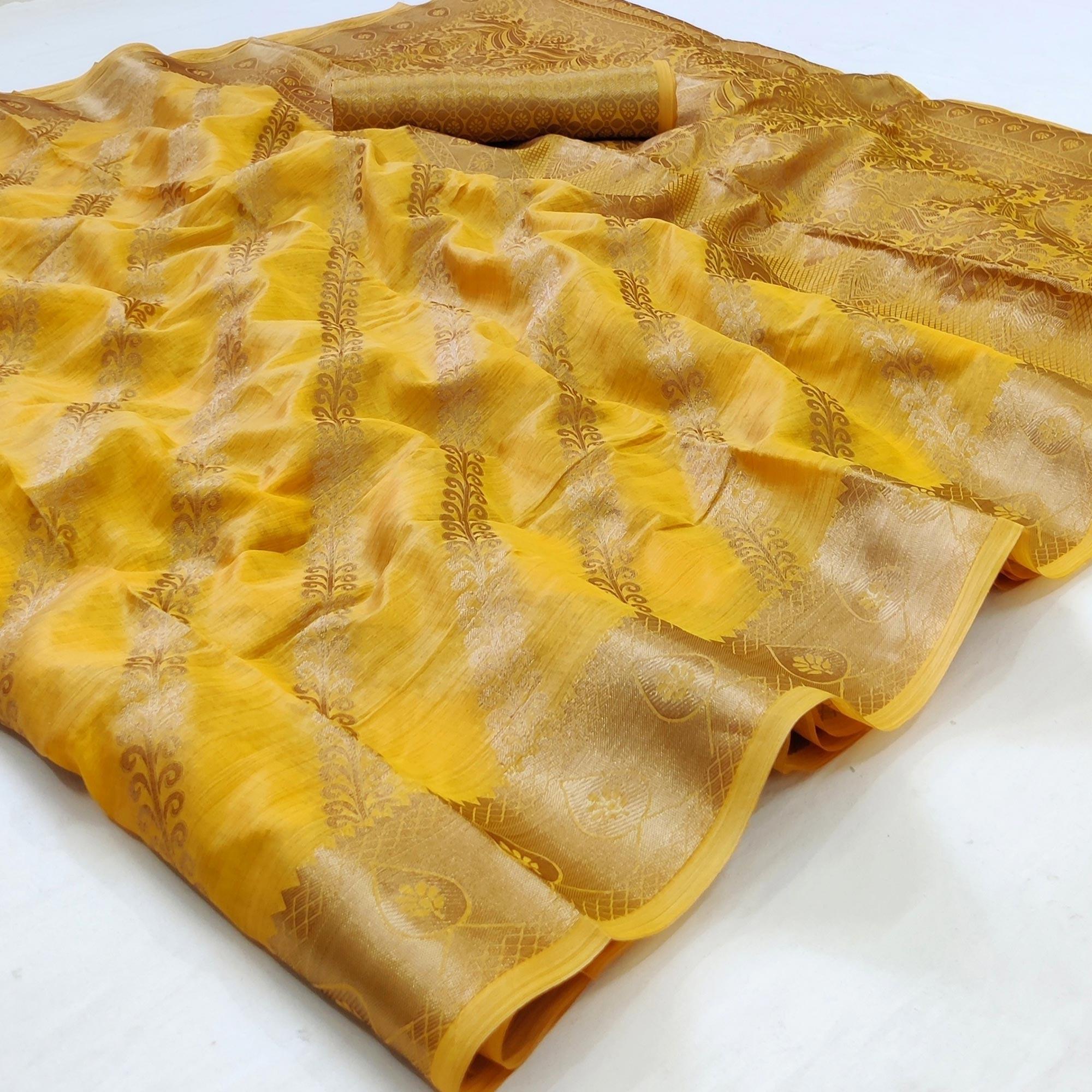 Yellow Woven Organza Saree - Peachmode