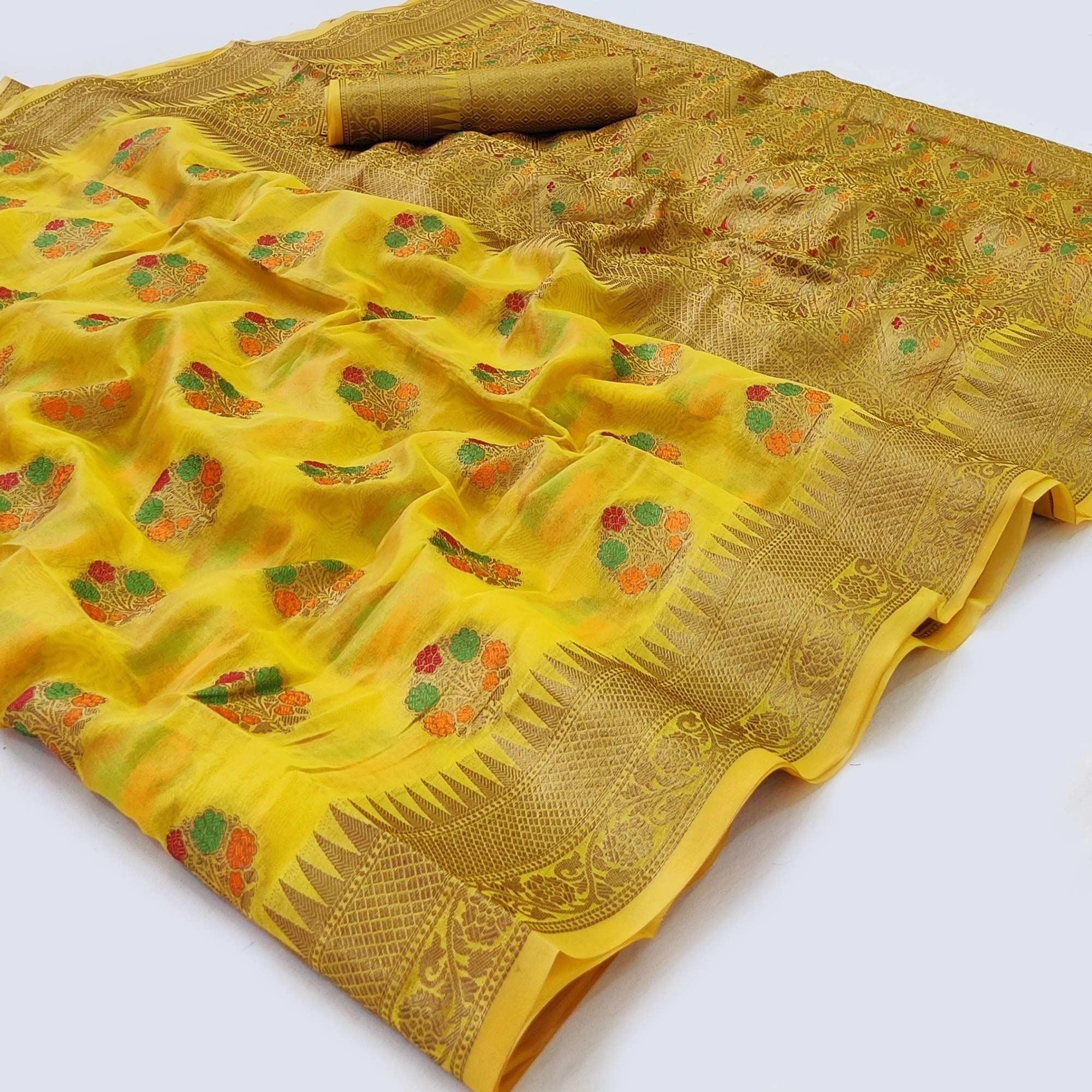 Yellow Woven Organza Saree - Peachmode