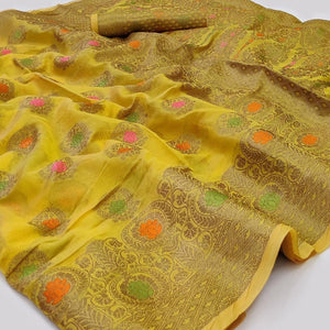 Yellow Woven Organza Saree - Peachmode
