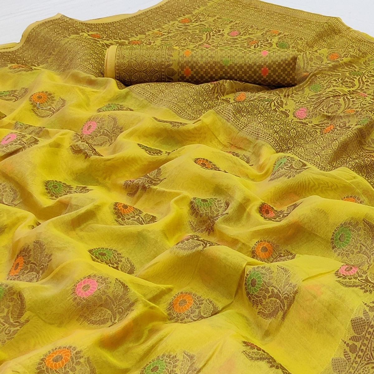 Yellow Woven Organza Saree - Peachmode