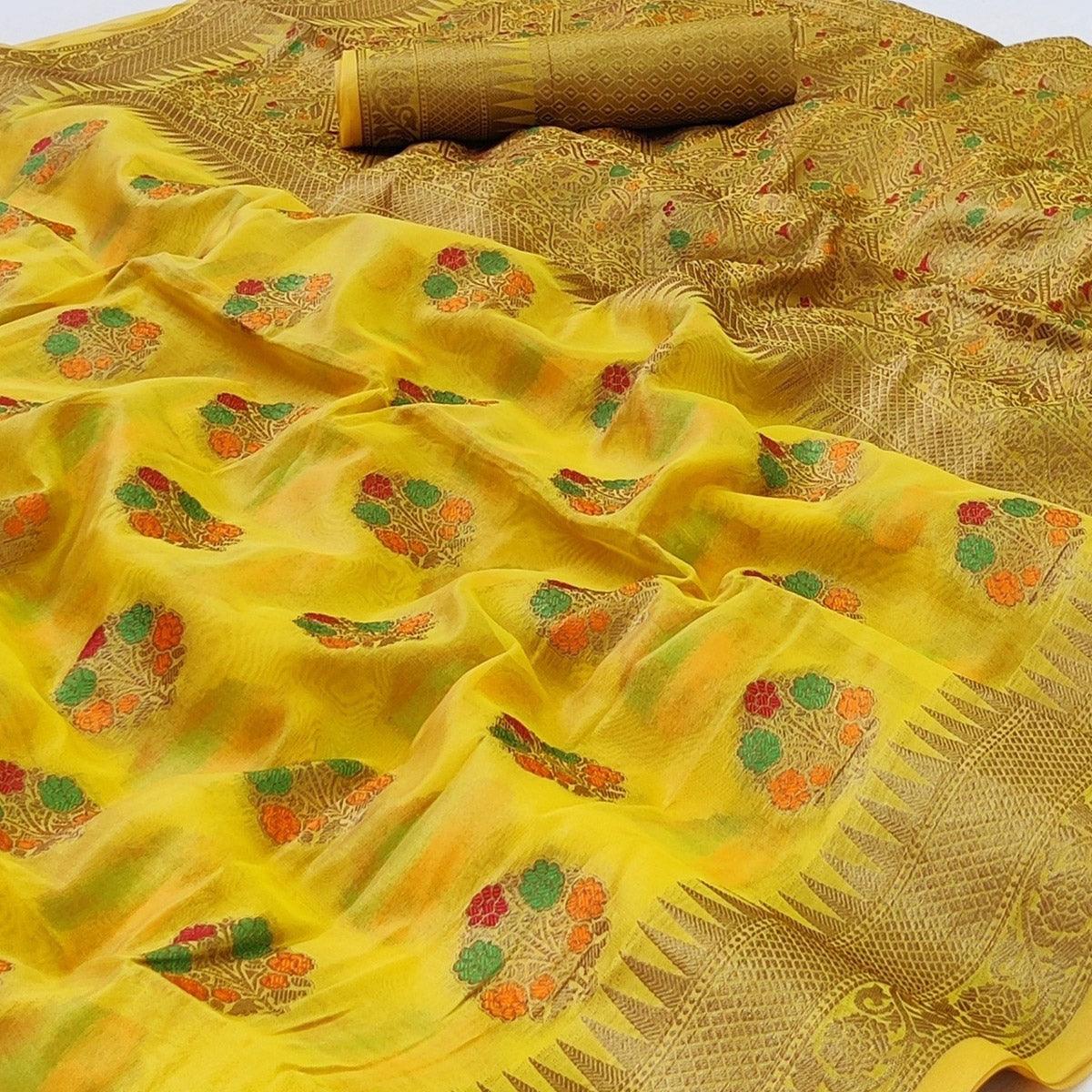 Yellow Woven Organza Saree - Peachmode