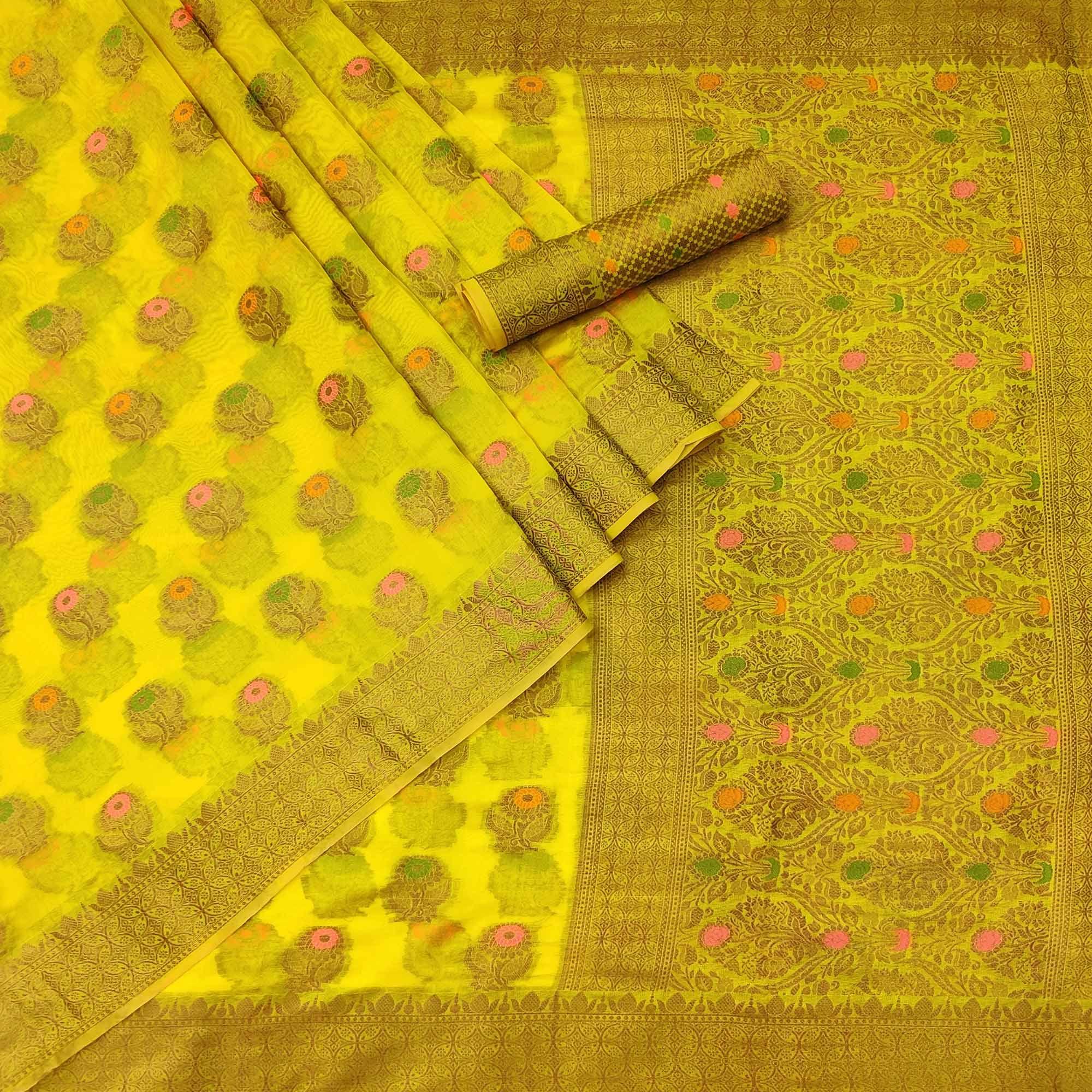 Yellow Woven Organza Saree - Peachmode
