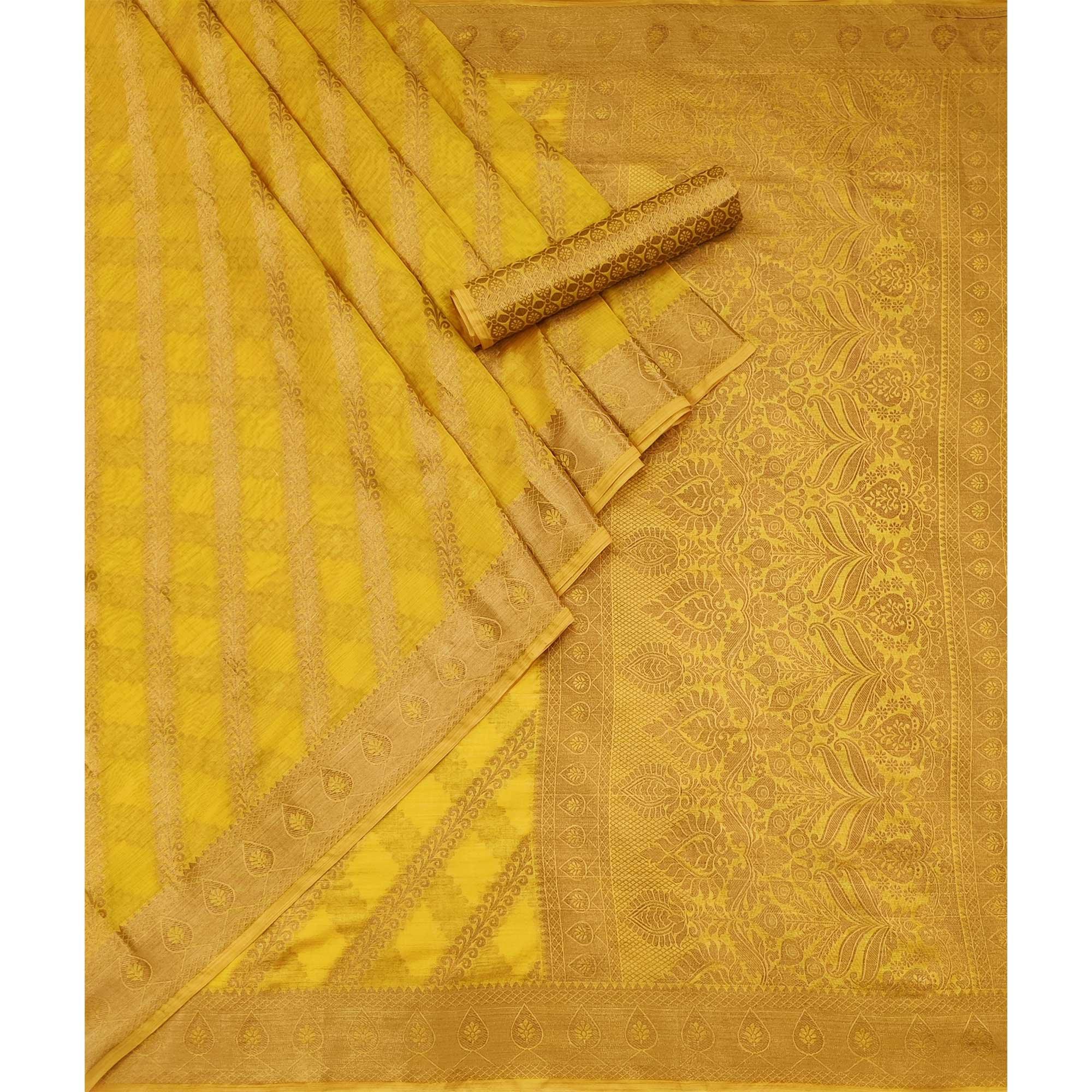 Yellow Woven Organza Saree - Peachmode