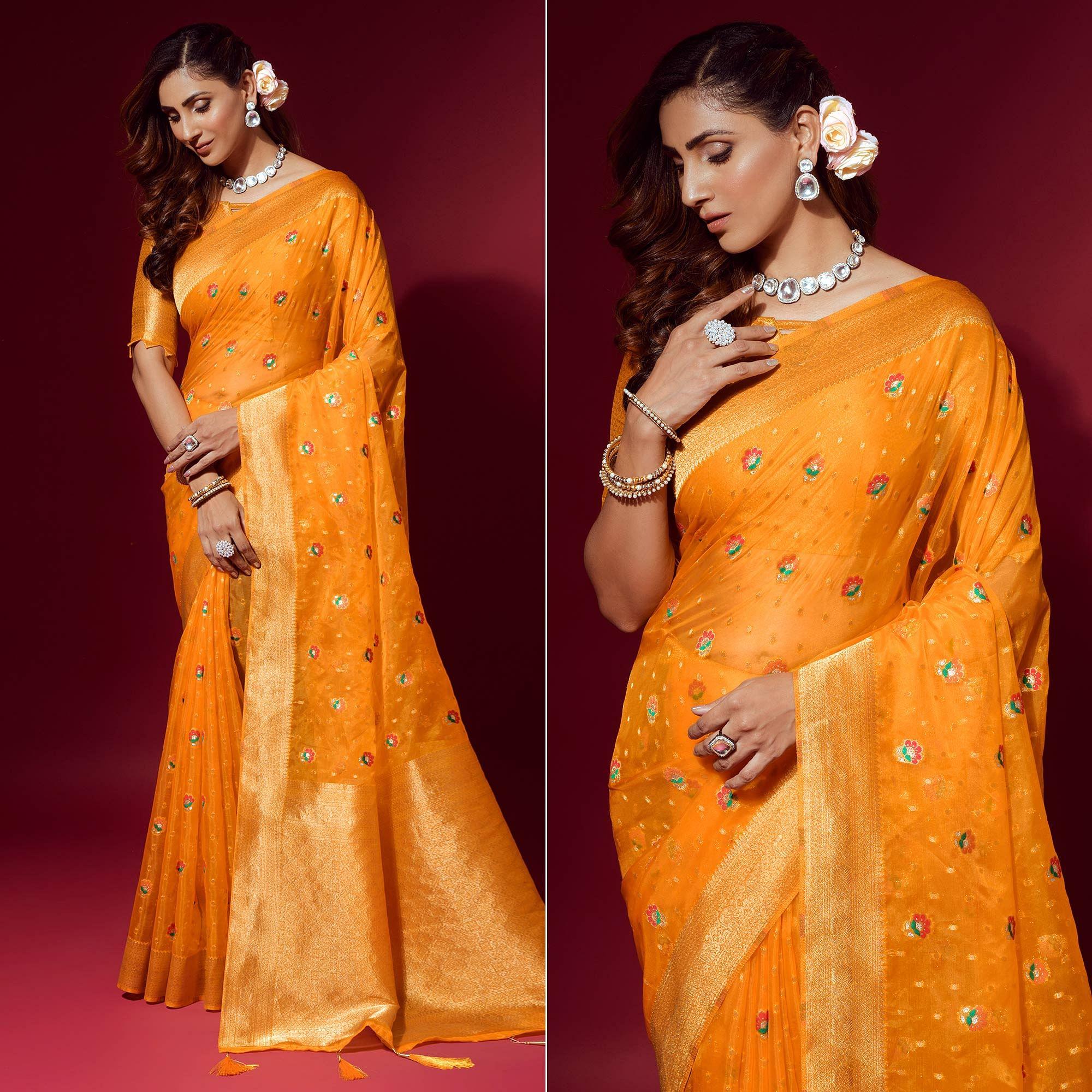 Yellow Woven Organza Saree With Tassels - Peachmode