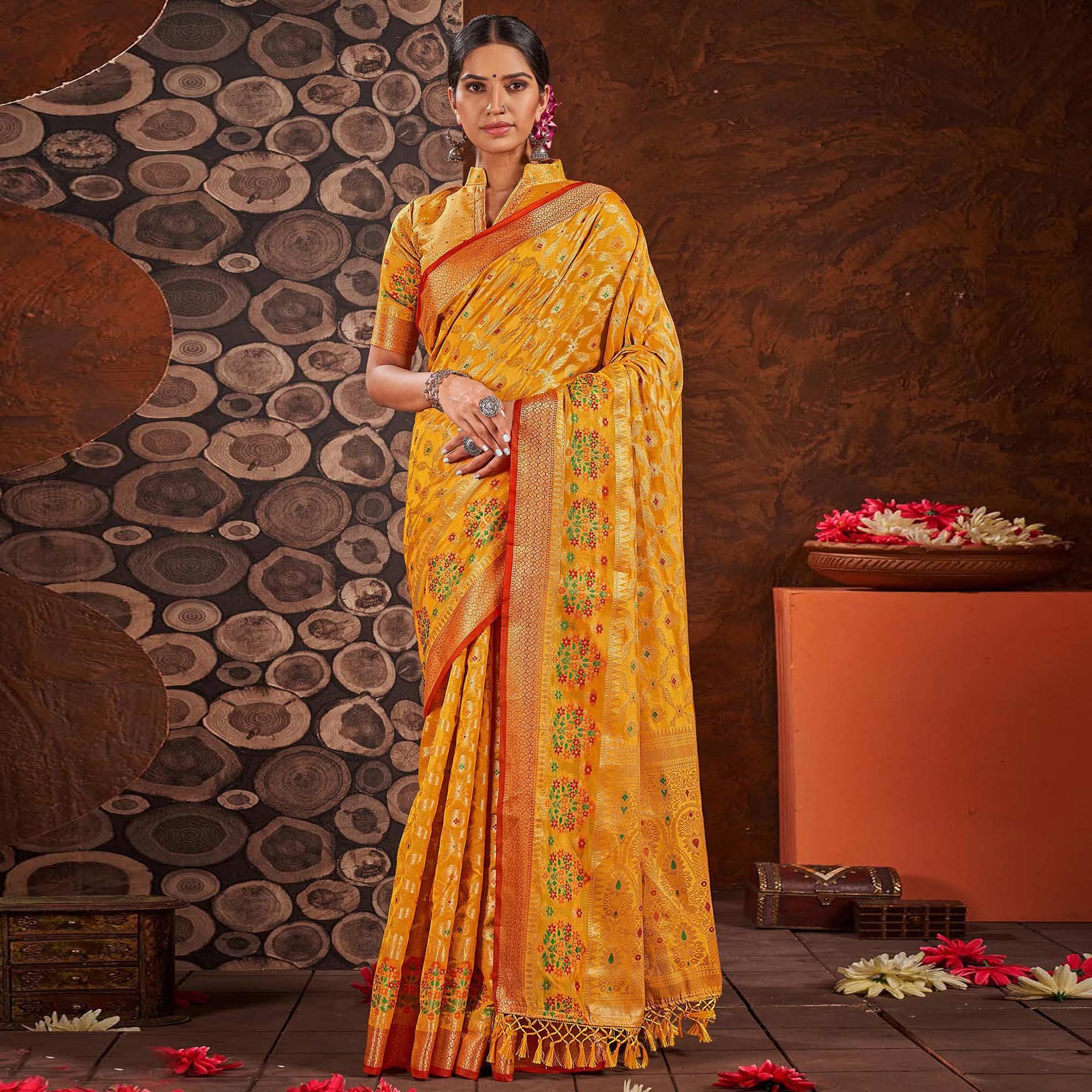 Yellow Woven Organza Saree With Tassels - Peachmode