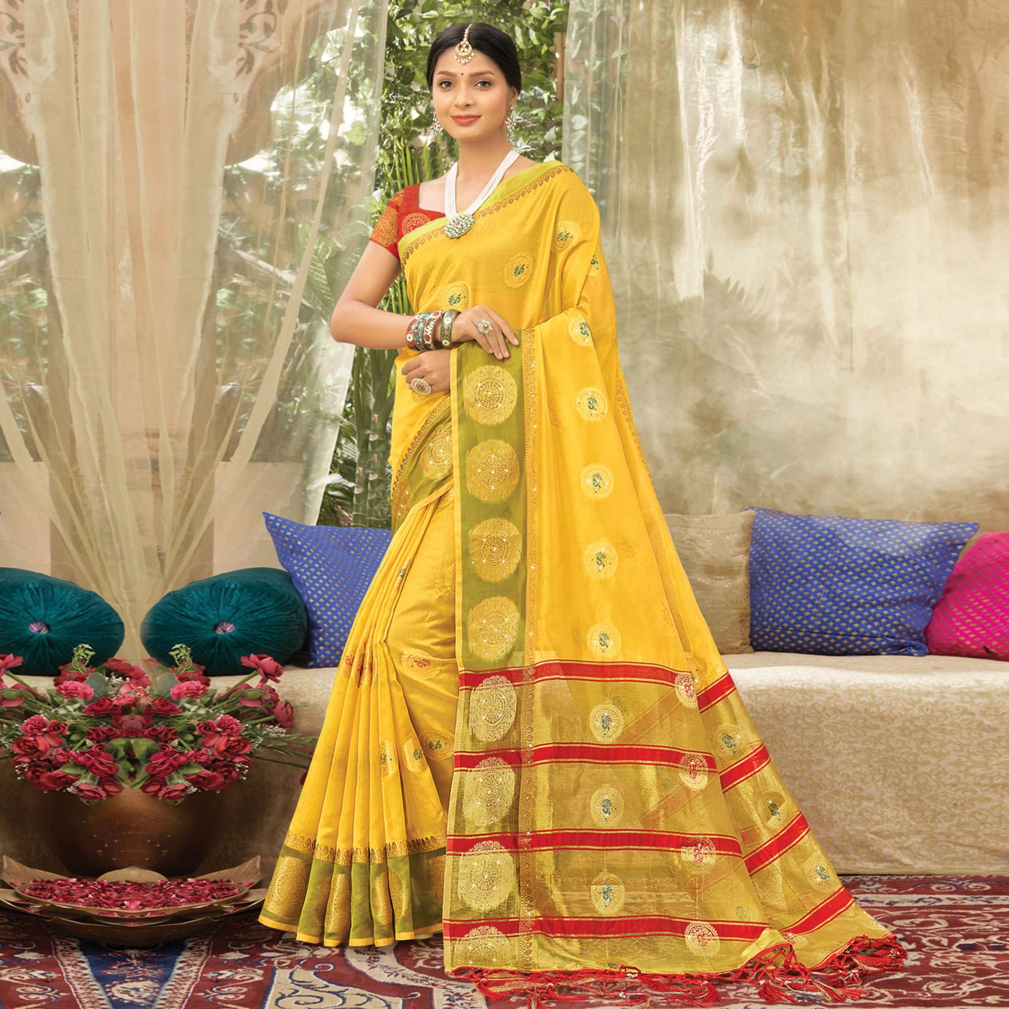 Yellow Woven Organza Saree With Tassels - Peachmode