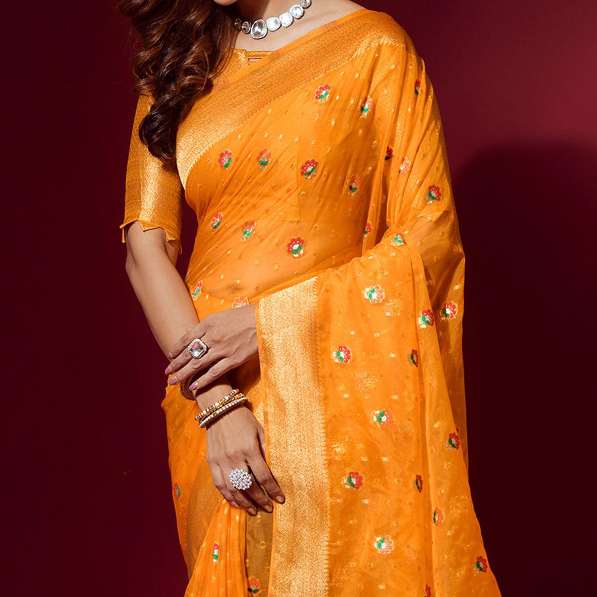Yellow Woven Organza Saree With Tassels - Peachmode