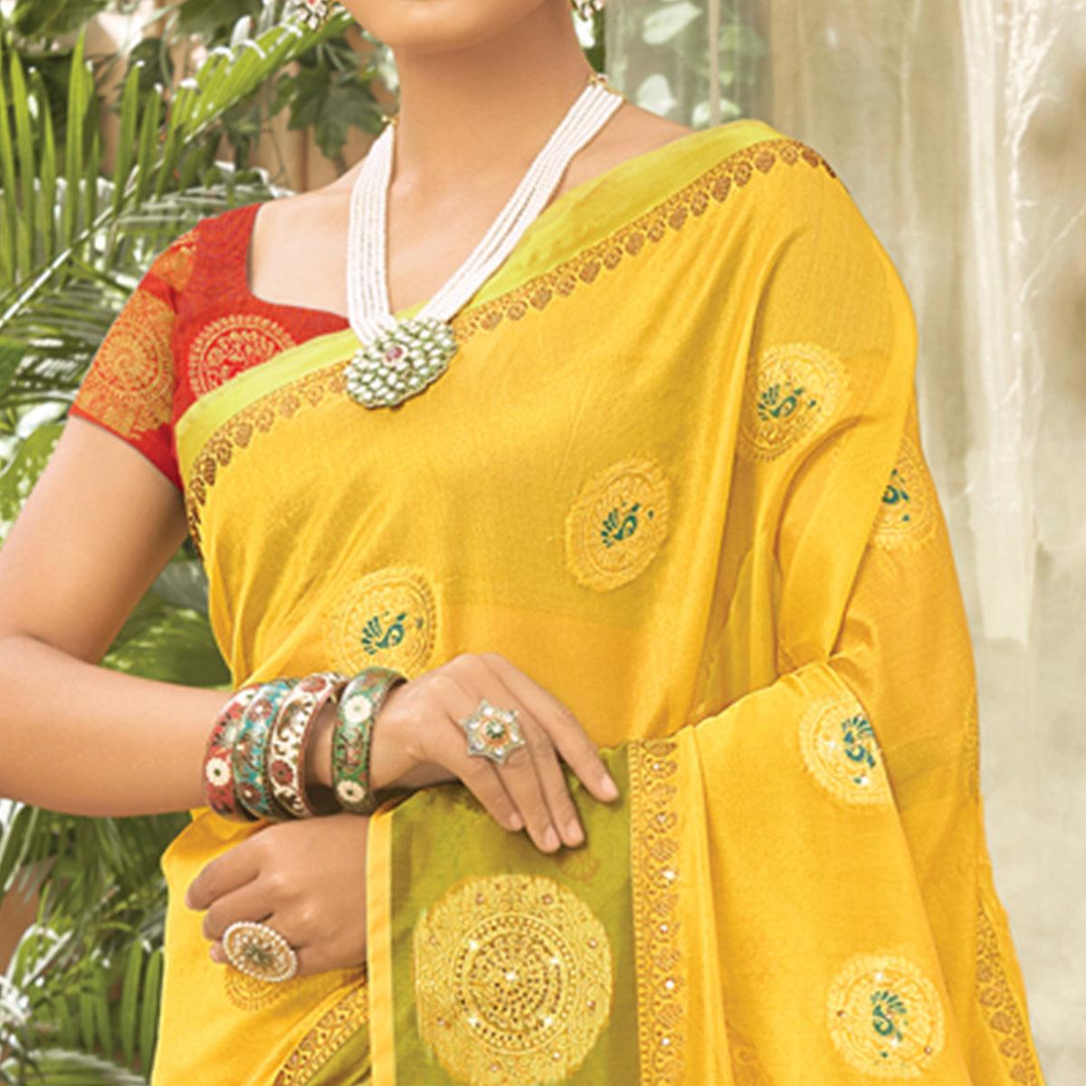 Yellow Woven Organza Saree With Tassels - Peachmode