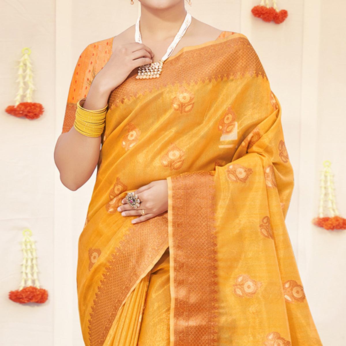 Yellow Woven Organza Saree With Tassels - Peachmode