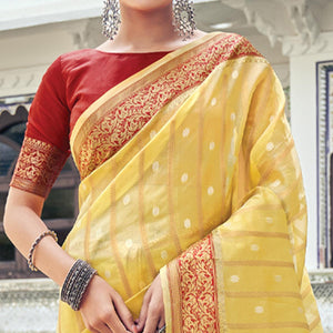 Yellow Woven Organza Saree With Tassels - Peachmode