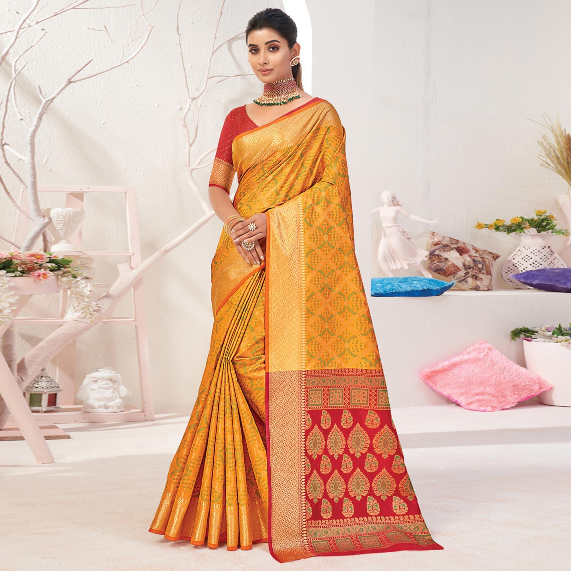 Yellow Woven Patola Art Silk Saree - Peachmode