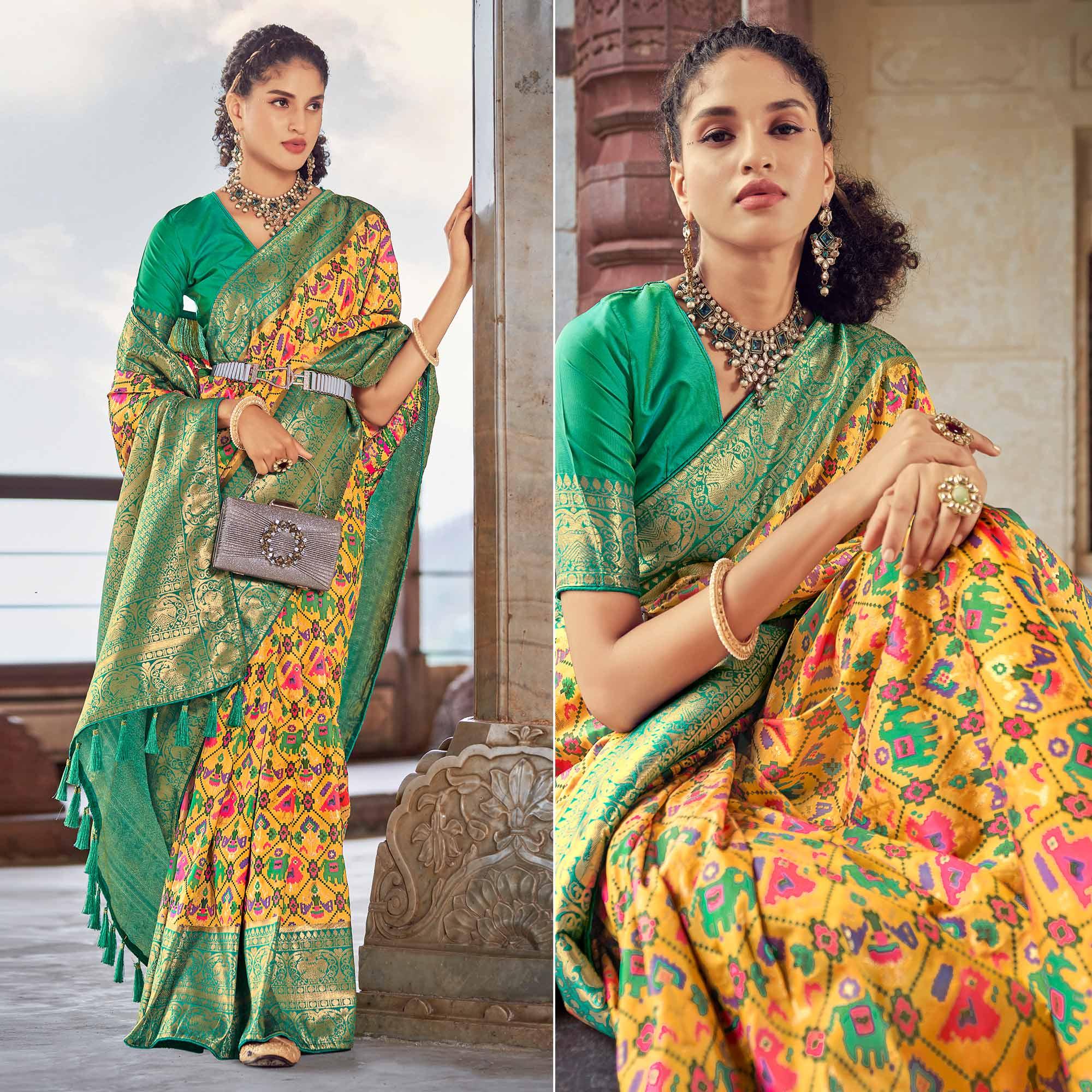 Yellow Woven Patola Art Silk Saree - Peachmode