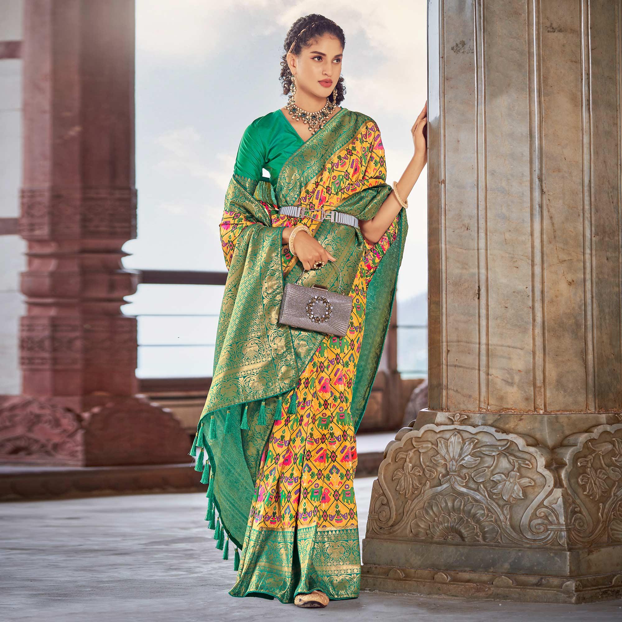 Yellow Woven Patola Art Silk Saree - Peachmode