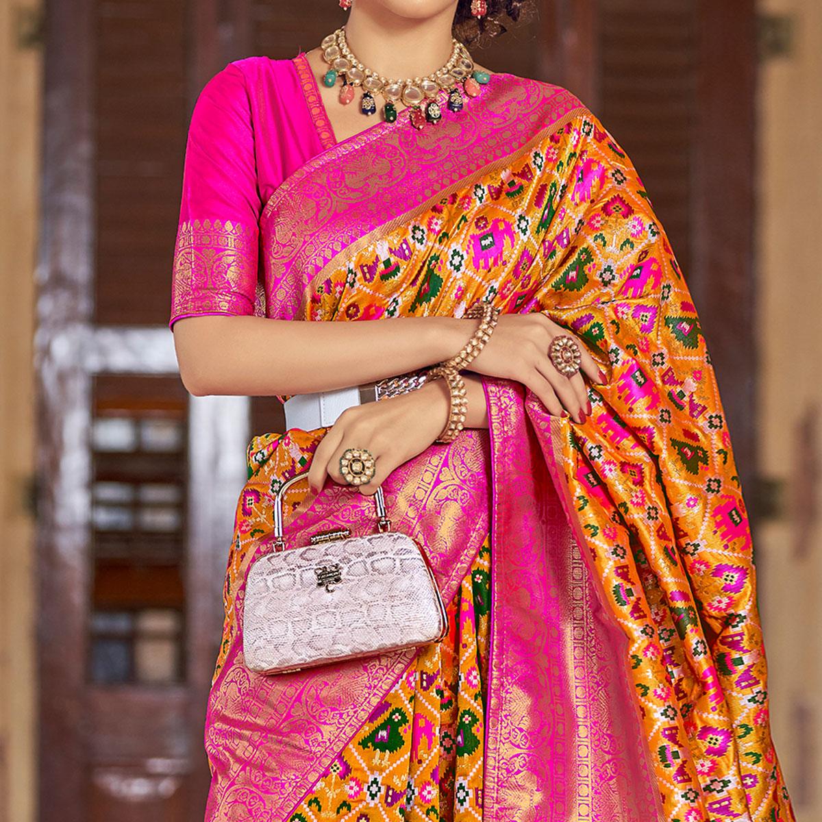 Yellow Woven Patola Art Silk Saree - Peachmode