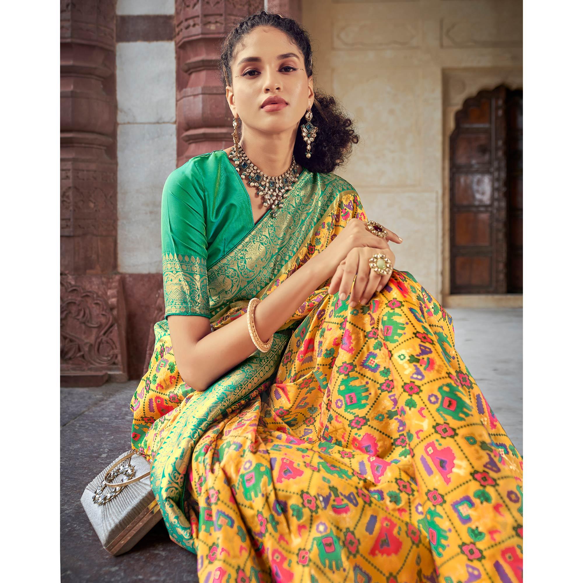 Yellow Woven Patola Art Silk Saree - Peachmode
