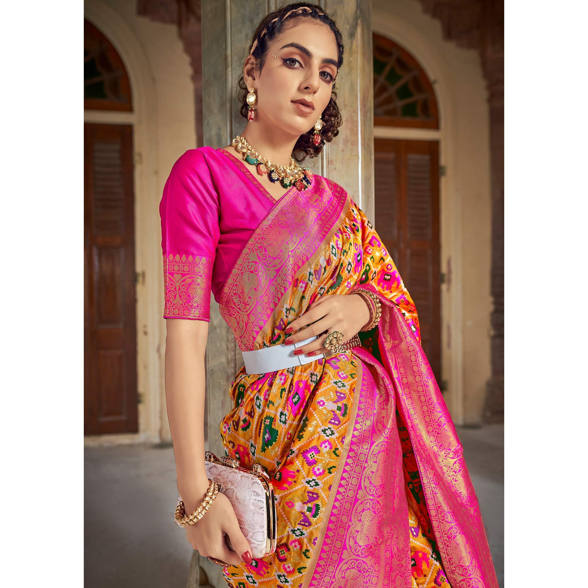 Yellow Woven Patola Art Silk Saree - Peachmode