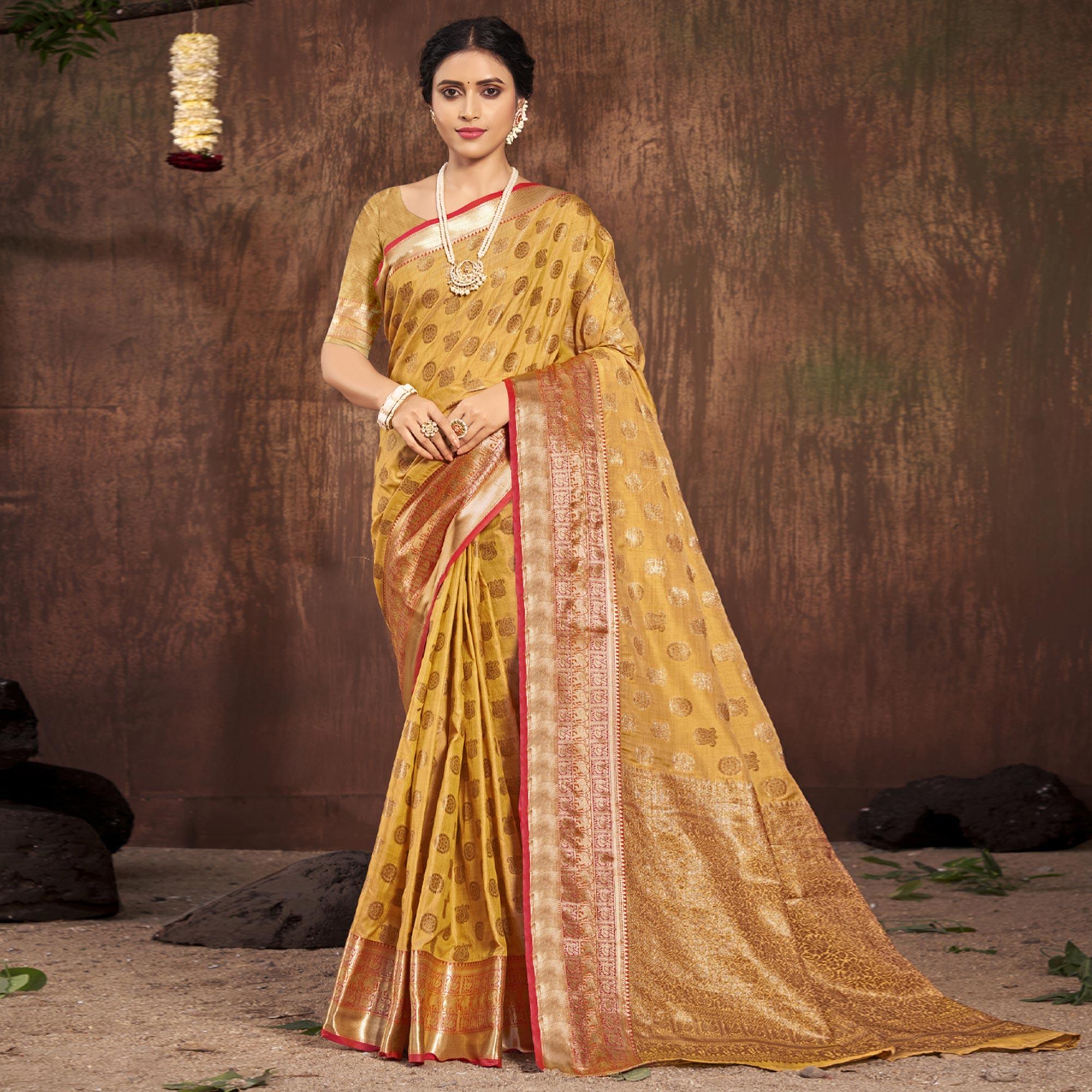 Yellow Woven Poly Cotton Saree - Peachmode