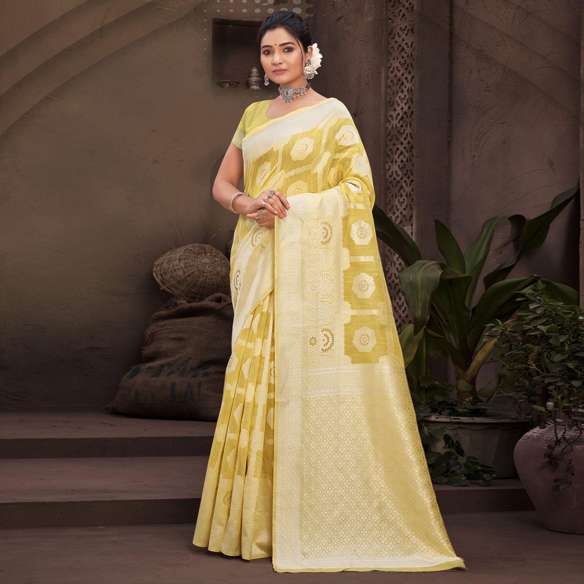 Yellow Woven Poly Cotton Saree - Peachmode