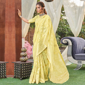 Yellow Woven Poly Cotton Saree - Peachmode