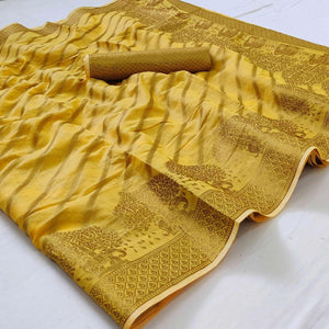 Yellow Woven Poly Cotton Saree - Peachmode