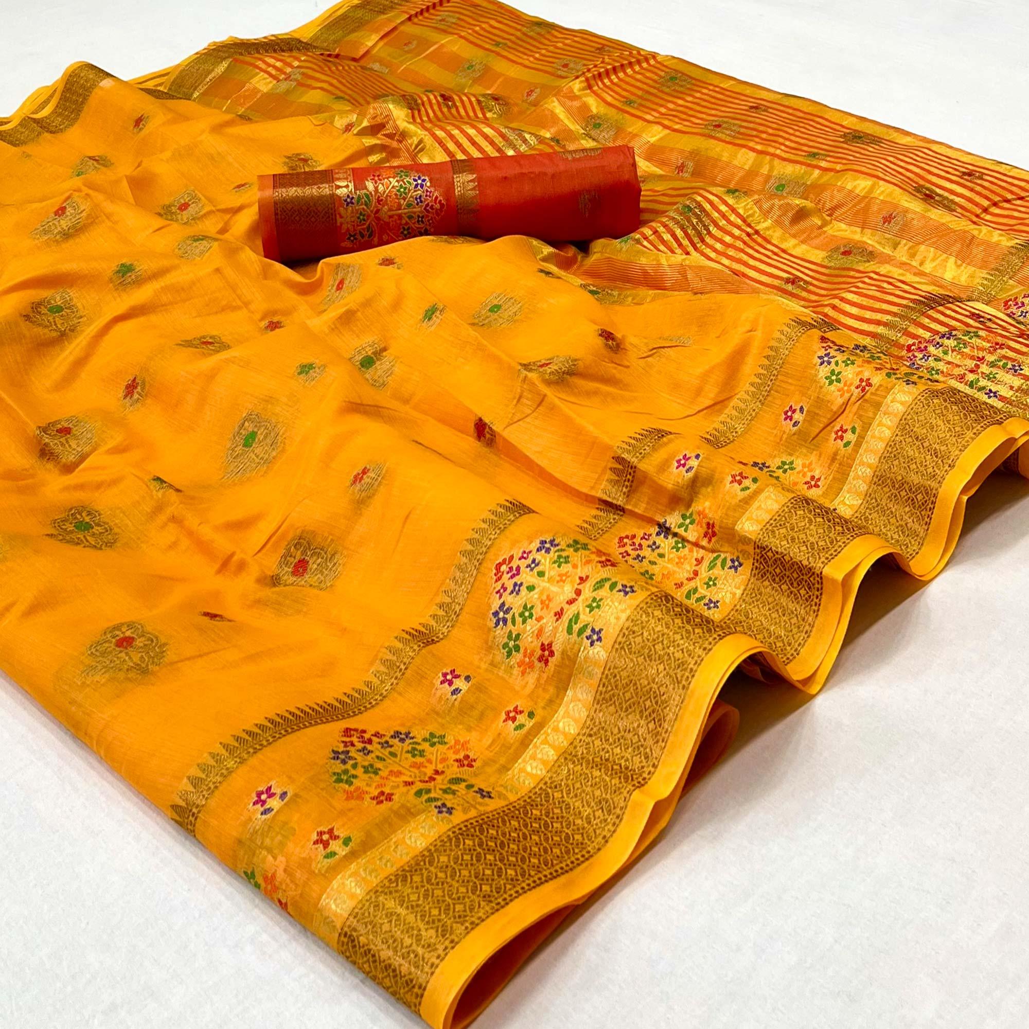 Yellow Woven Poly Cotton Saree - Peachmode
