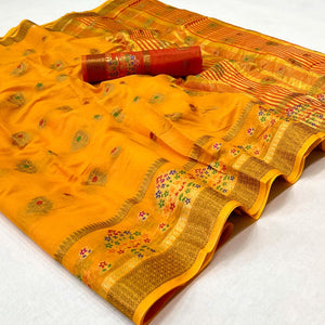 Yellow Woven Poly Cotton Saree - Peachmode