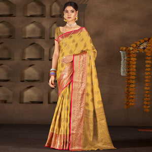 Yellow Woven Poly Cotton Saree - Peachmode