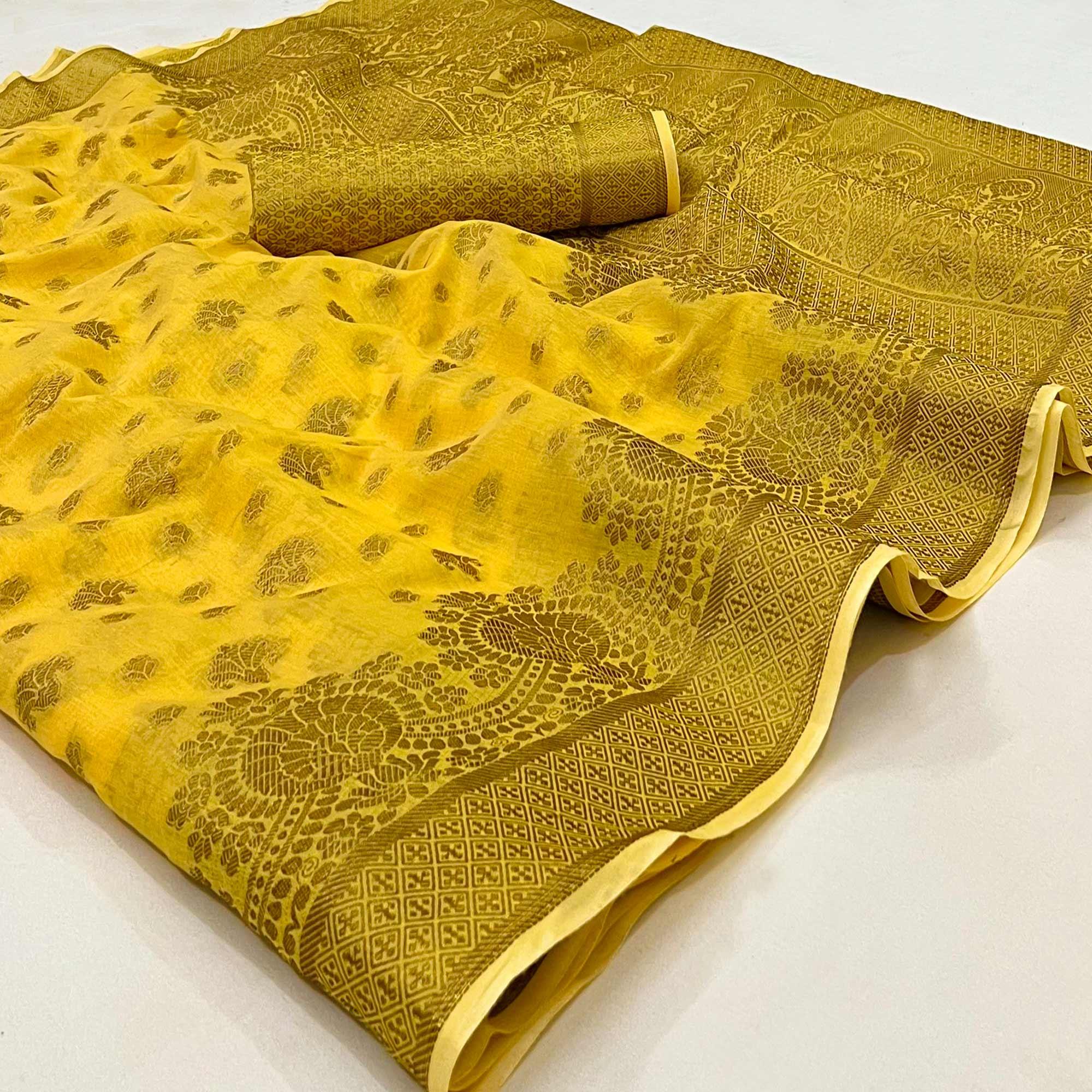 Yellow Woven Poly Cotton Saree - Peachmode