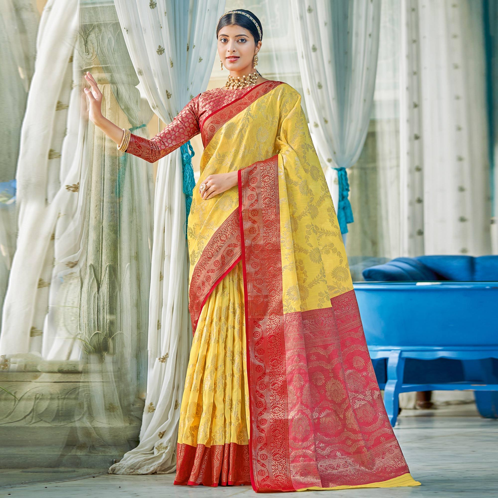 Yellow Woven Poly Cotton Saree - Peachmode