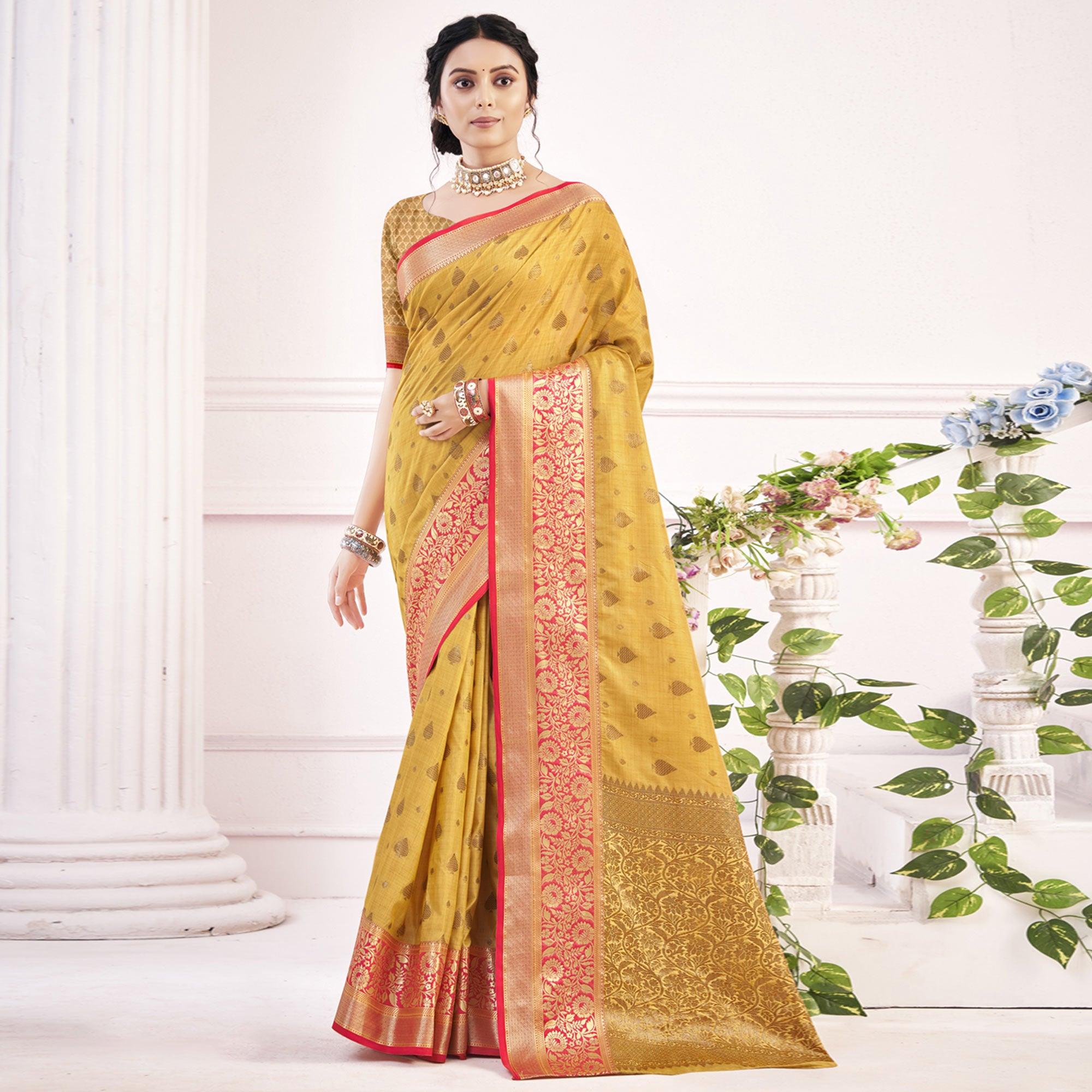 Yellow Woven Poly Cotton Saree - Peachmode