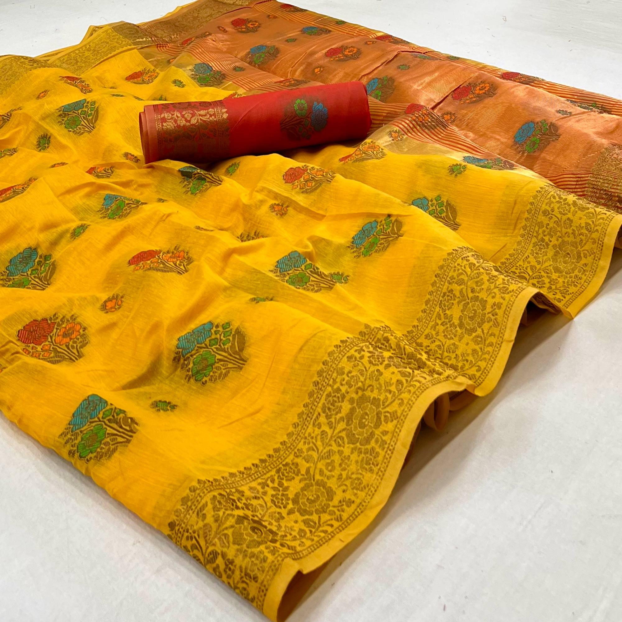 Yellow Woven Poly Cotton Saree - Peachmode